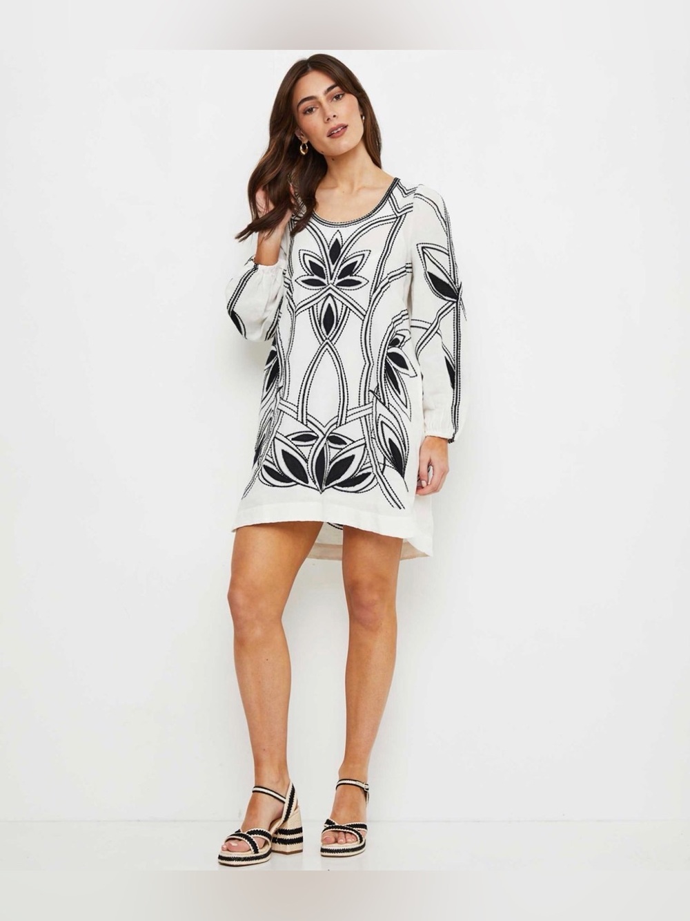 Scarlett Poppies Embroidered Ivory Tunic Dress with Black Floral Motif - Picture 4 of 12